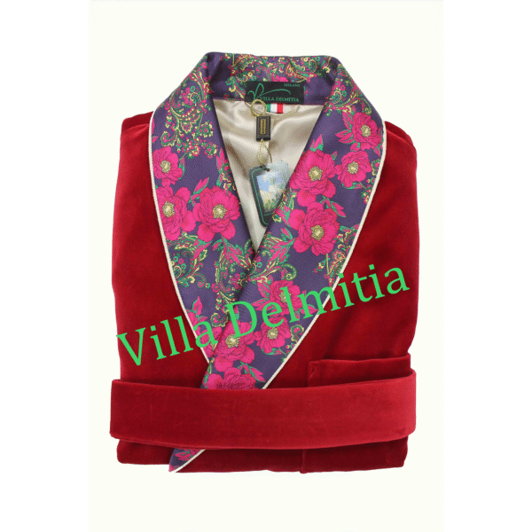 VESTE D'INTÉRIEUR CLASSIQUE POUR HOMME EN VELOURS DE COTON AVEC CONTRASTES EN SOIE TWILL IMPRIMÉE DOUBLURE BEMBERG ENTIÈRE ET PASSEPOIL TORSADE
