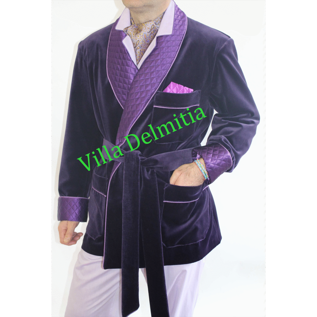 VESTE D'INTÉRIEUR HOMME EN VELOURS DE COTON AVEC CONTRASTES EN SOIE SATIN MATELASSÉE DOUBLURE ENTIERE