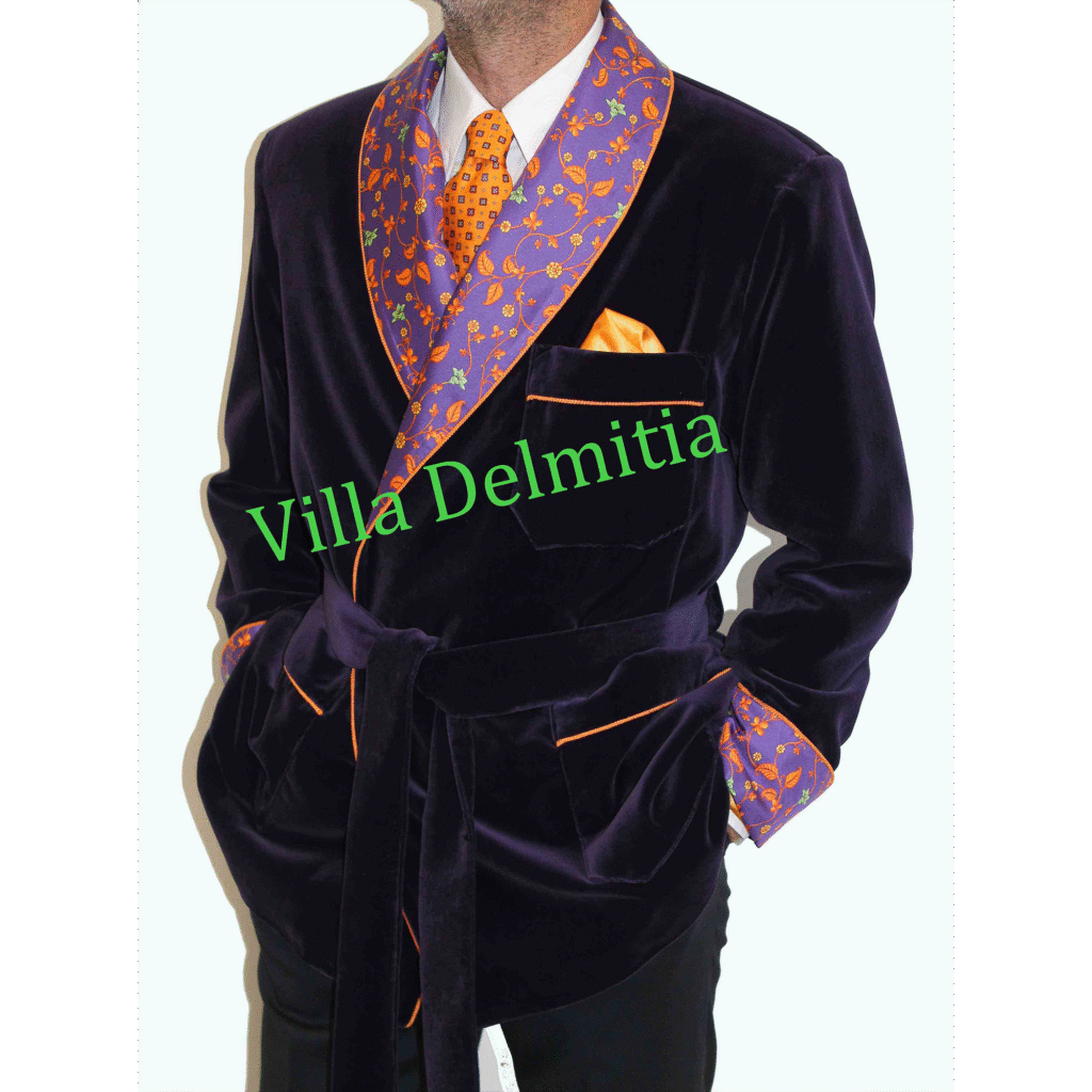 VESTE D'INTÉRIEUR CLASSIQUE POUR HOMME EN VELOURS DE COTON AVEC CONTRASTES EN SOIE TWILL IMPRIMÉE DOUBLURE BEMBERG ENTIÈRE ET PASSEPOIL TORSADE