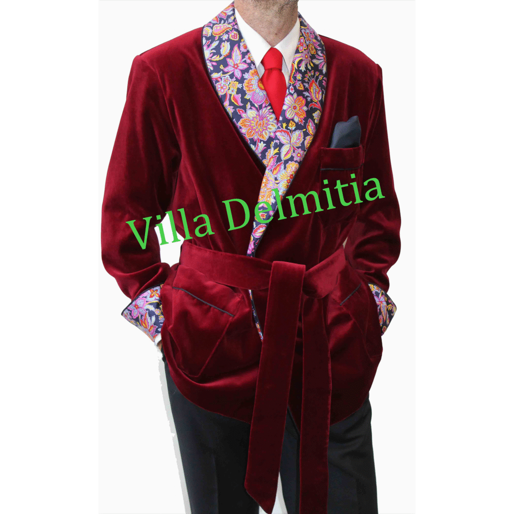VESTE D'INTÉRIEUR CLASSIQUE POUR HOMME EN VELOURS DE COTON AVEC CONTRASTES EN SOIE TWILL IMPRIMÉE DOUBLURE BEMBERG ENTIÈRE ET PASSEPOIL TORSADE