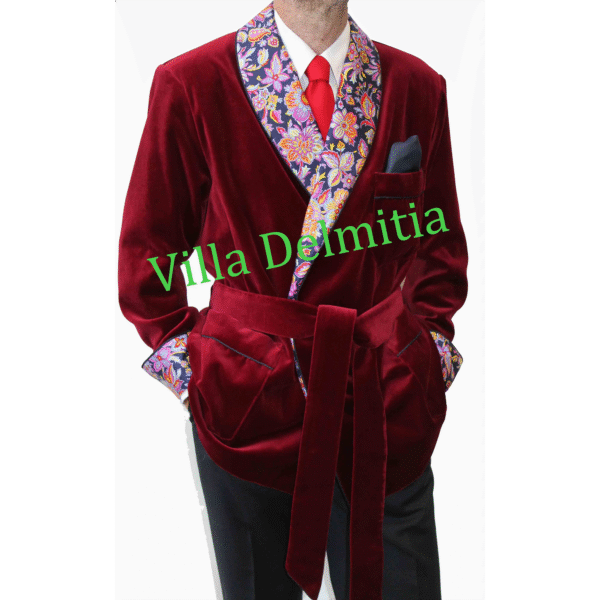 VESTE D'INTÉRIEUR CLASSIQUE POUR HOMME EN VELOURS DE COTON AVEC CONTRASTES EN SOIE TWILL IMPRIMÉE DOUBLURE BEMBERG ENTIÈRE ET PASSEPOIL TORSADE