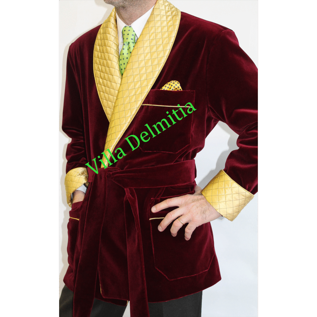 VESTE D'INTERIEUR CLASSIQUE POUR HOMME EN VELOURS DE COTON AVEC CONTRASTES EN SOIE SATIN MATELASSÉE,PASSEPOIL,DOUBLURE EN BEMBERG