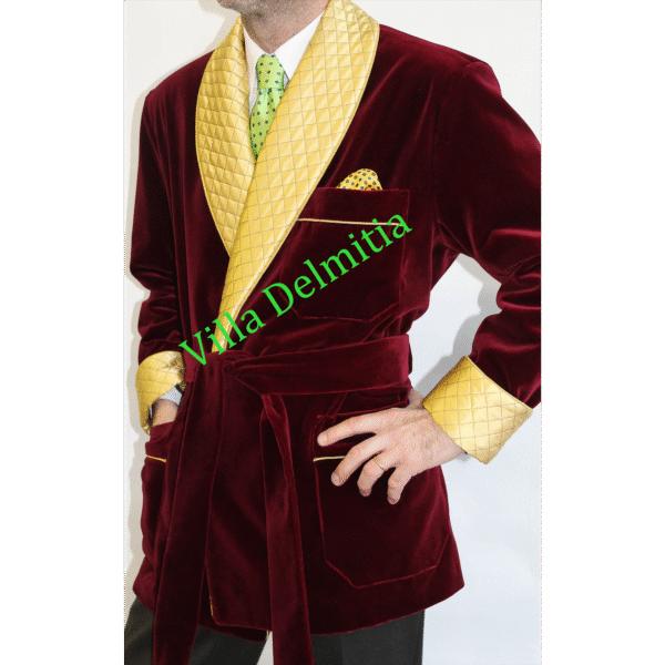 VESTE D'INTERIEUR CLASSIQUE POUR HOMME EN VELOURS DE COTON AVEC CONTRASTES EN SOIE SATIN MATELASSÉE,PASSEPOIL,DOUBLURE EN BEMBERG