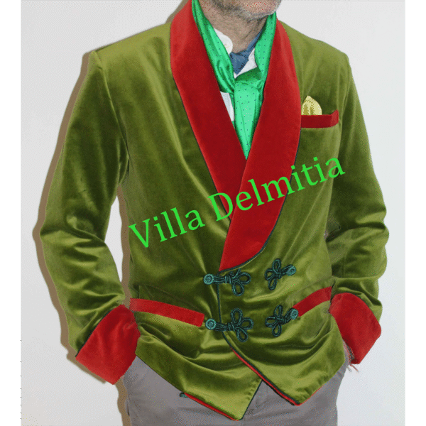 VESTE D'INTÉRIEUR POUR HOMME EN VELOURS DE COTON, AVEC BRANDEBOURGS ET CONTRASTES EN VELOURS UNI, AVEC PASSEPOIL TORSADE ET DOUBLURE ENTIÈRE BEMBERG