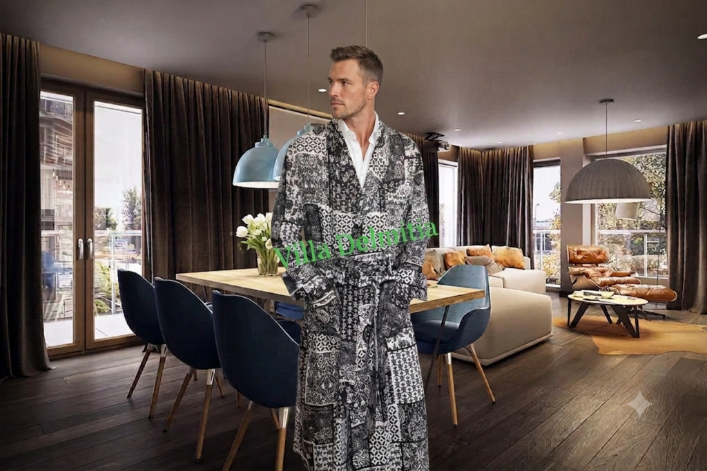 ROBE DE CHAMBRE CLASSIQUE POUR HOMME 100% SOIE TWILL IMPRIMÉE AVEC PASSEPOIL
