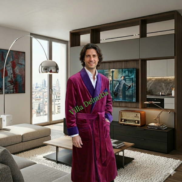 ROBE DE CHAMBRE CLASSIQUE POUR HOMME EN VELOURS DE COTON AVEC CONTRASTES EN VELOURS UNI DOUBLURE BEMBERG ENTIÈRE ET PASSEPOIL TORSADE