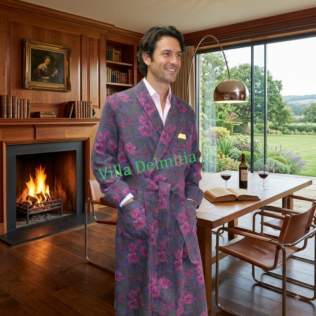ROBE DE CHAMBRE CLASSIQUE POUR HOMME EN 100% LAINE IMPRIMÉE AVEC PASSEPOIL