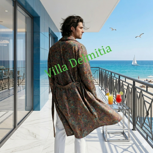 ROBE DE CHAMBRE CLASSIQUE HOMME 100% SOIE TWILL IMPRIMÉE AVEC PASSEPOIL EN SATIN