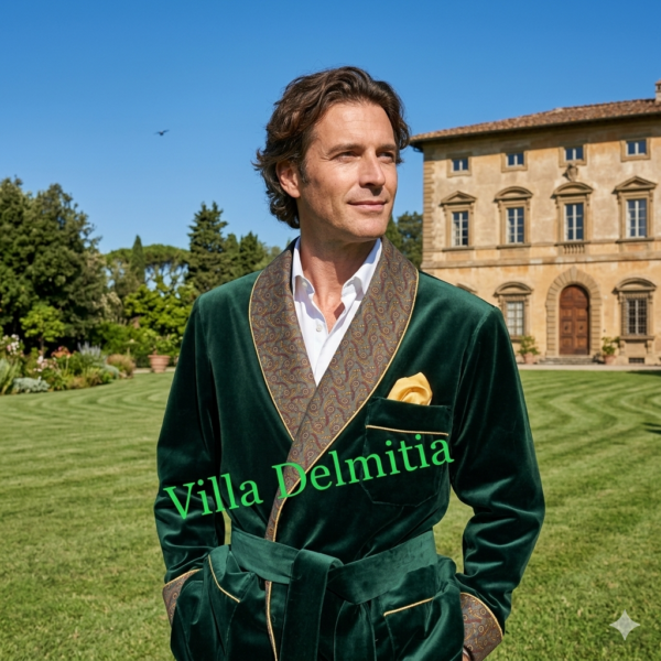 VESTE D'INTÉRIEUR CLASSIQUE POUR HOMME EN VELOURS DE COTON AVEC CONTRASTES EN SOIE TWILL IMPRIMÉE DOUBLURE BEMBERG ENTIÈRE ET PASSEPOIL TORSADE