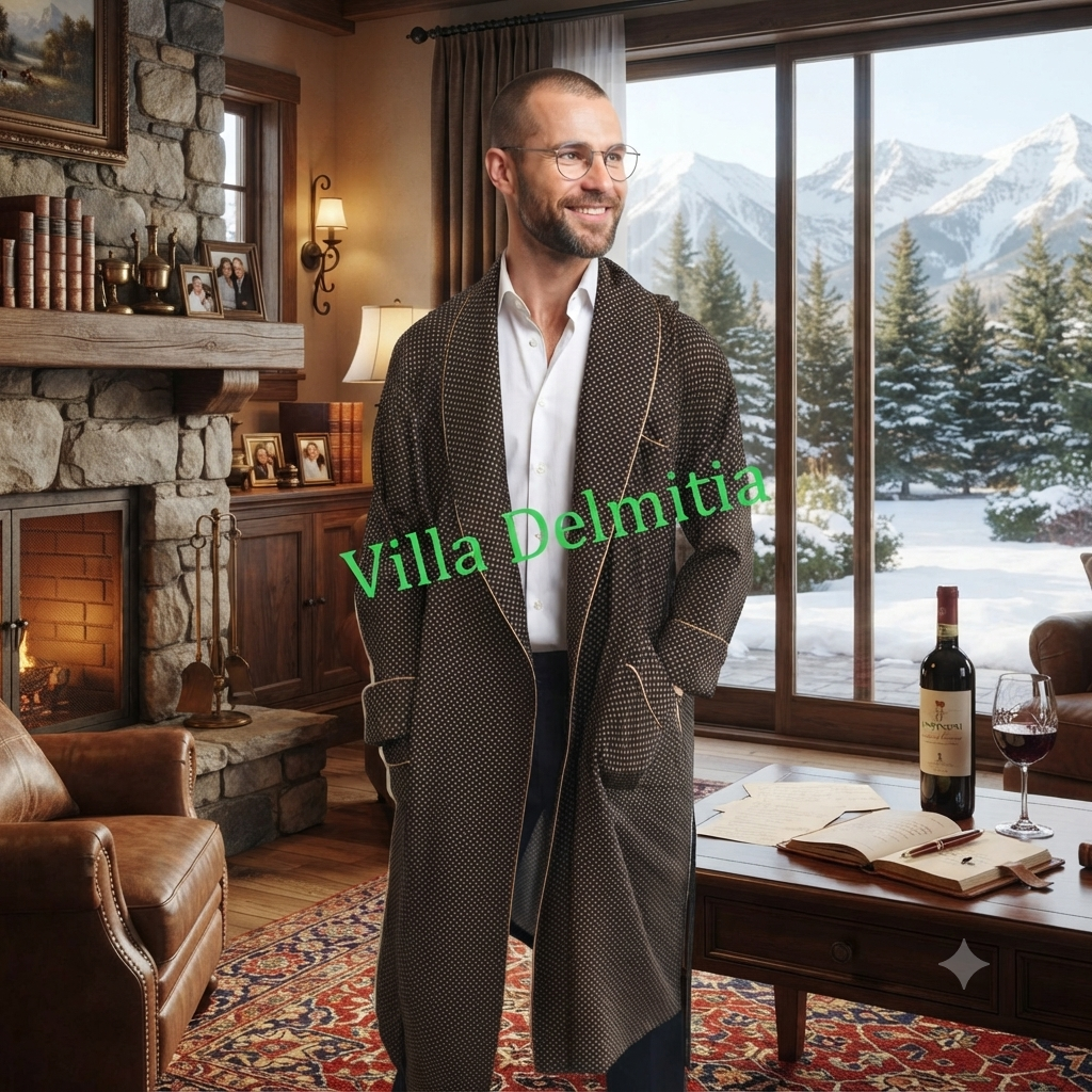 ROBE DE CHAMBRE CLASSIQUE POUR HOMME EN 100% LAINE ÉTAMINE IMPRIMÉE ITALIENNE AVEC PASSEPOIL