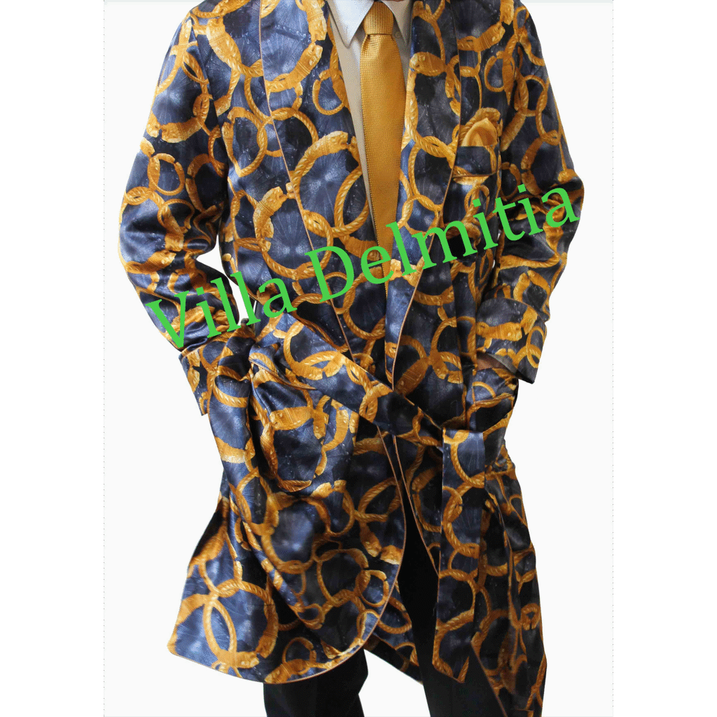 ROBE DE CHAMBRE CLASSIQUE POUR HOMME 100% SOIE SATIN IMPRIMÉE AVEC PASSEPOIL