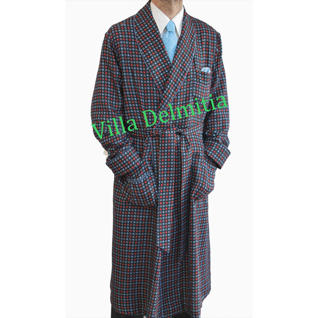 ROBE DE CHAMBRE CLASSIQUE POUR HOMME 70% LAINE ÉTAMINE - 30% SOIE FANTASIE IMPRIMÉE AVEC PASSEPOIL