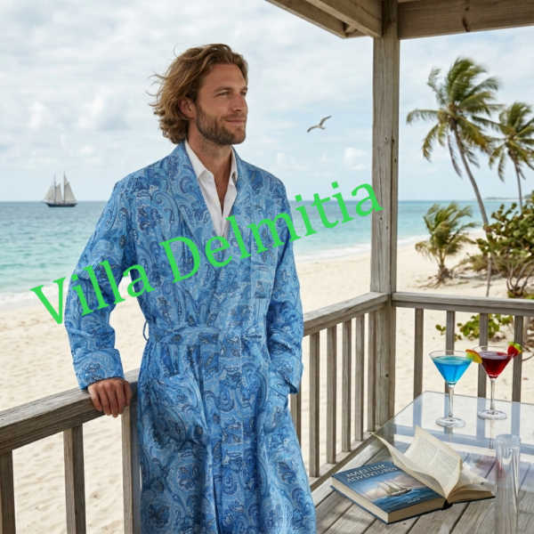 ROBE DE CHAMBRE CLASSIQUE HOMME 100% SOIE TWILL IMPRIMÉE AVEC PASSEPOIL EN SATIN