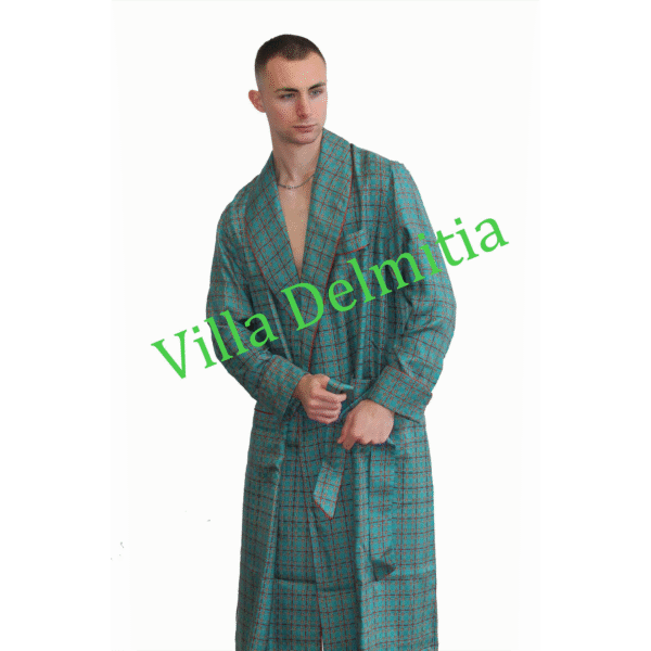 ROBE DE CHAMBRE CLASSIQUE POUR HOMME EN 100% SOIE TWILL IMPRIMÉE AVEC PASSEPOIL