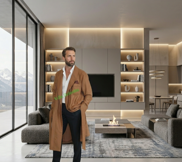 ROBE DE CHAMBRE POUR HOMME EN 5% CASHMERE 95% LAINE PEIGNÉE AVEC PASSEPOIL