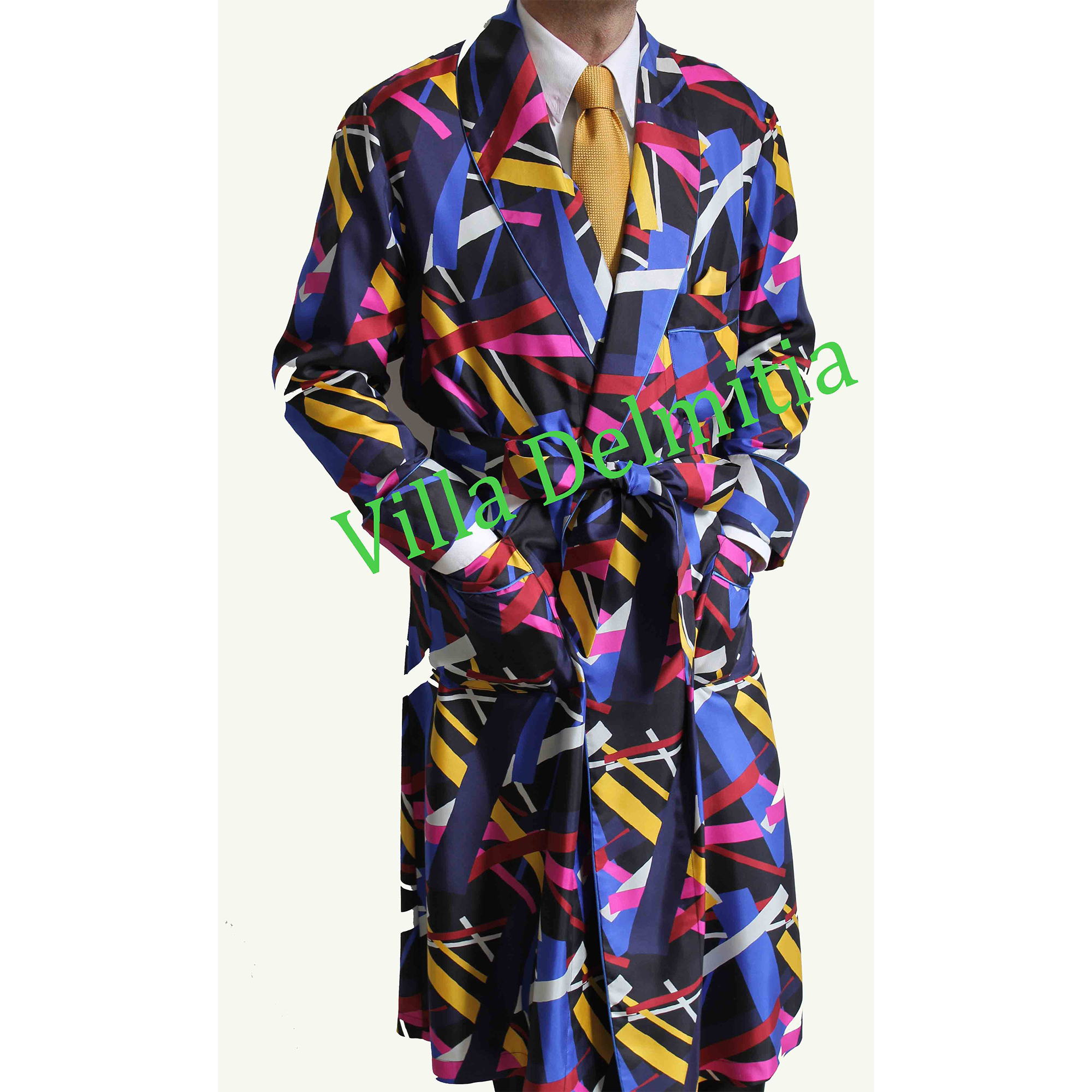 CLASSIC MEN'S ROBE 100% PRINTED SILK TWILL WITH SATIN PIPING - Image 4