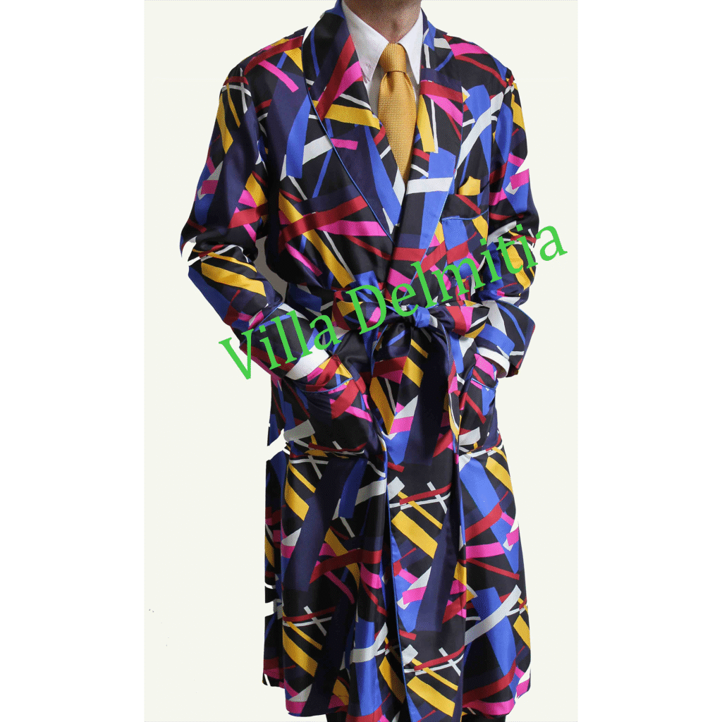 ROBE DE CHAMBRE CLASSIQUE HOMME 100% SOIE TWILL IMPRIMÉE AVEC PASSEPOIL EN SATIN
