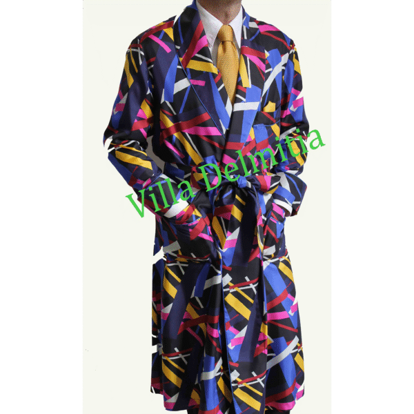 ROBE DE CHAMBRE CLASSIQUE HOMME 100% SOIE TWILL IMPRIMÉE AVEC PASSEPOIL EN SATIN