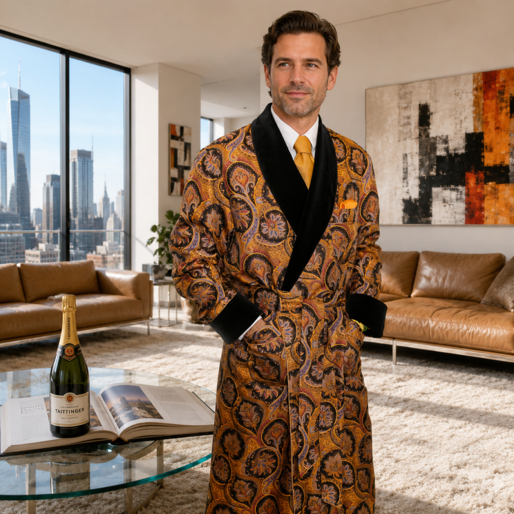 ROBE DE CHAMBRE CLASSIQUE POUR HOMME 100% SOIE TWILL IMPRIMÉE AVEC CONTRASTES EN VELOURS DE COTON DOUBLURE ENTIÈRE EN BEMBERG ET PASSEPOIL EN SATIN