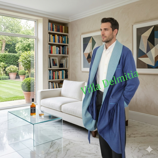 ROBE DE CHAMBRE CLASSIQUE HOMME 5% CACHEMIRE - 95% LAINE AVEC PROFIL ET CONTRASTES EN CACHEMIRE-LAINE UNI
