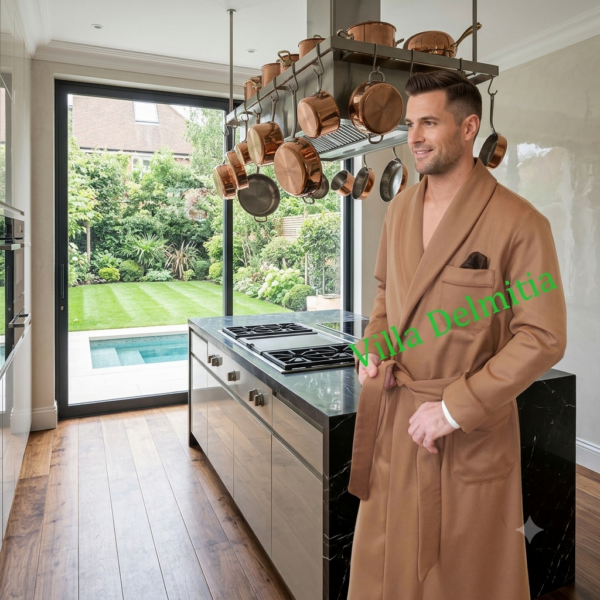 ROBE DE CHAMBRE CLASSIQUE HOMME 10% CACHEMIRE 90% LAINE AVEC PASSEPOIL ET DOUBLURE BEMBERG AUX ÉPAULES