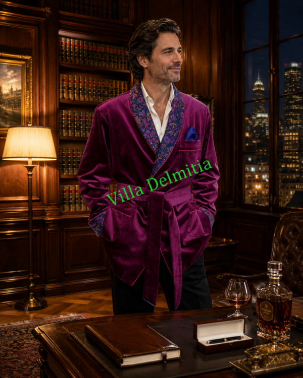 VESTE D'INTÉRIEUR CLASSIQUE POUR HOMME EN VELOURS DE COTON AVEC CONTRASTES EN SOIE TWILL IMPRIMÉE DOUBLURE BEMBERG ENTIÈRE ET PASSEPOIL TORSADE