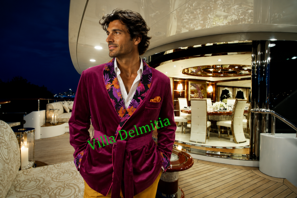 VESTE D'INTÉRIEUR CLASSIQUE POUR HOMME EN VELOURS DE COTON AVEC CONTRASTES EN SOIE TWILL IMPRIMÉE DOUBLURE BEMBERG ENTIÈRE ET PASSEPOIL TORSADE