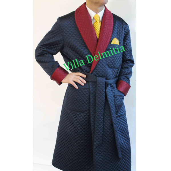 VESTAGLIA CLASSICA UOMO IN SETA RASO TRAPUNTATA CON CONTRASTI IN SETA RASO TRAPUNTATA, PROFILO E FODERA IN BEMBERG COORDINATO.