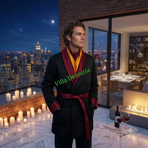 QUILTED SOLID BEMBERG CLASSIC SMOKING JACKET FOR MAN WITH QUILTED BEMBERG CONTRASTS PIPING AND FULL BEMBERG LINING