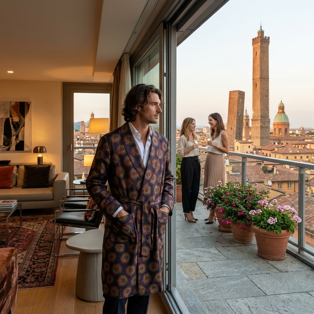 VESTAGLIA CLASSICA DA UOMO IN 100% SETA TWILL STAMPATA ITALIANA CON PROFILO