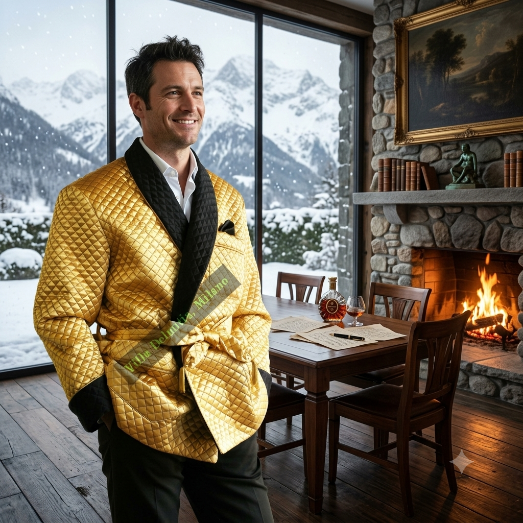 VESTE D'INTERIEUR EN SOIE SATIN MATELASSE' AVEC CONTRASTES EN SOIE SATIN MATELASSE'