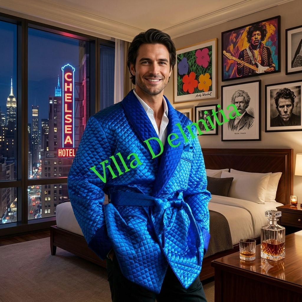 VESTE D'INTERIEUR EN SOIE SATIN MATELASSE' AVEC CONTRASTES EN SOIE SATIN MATELASSE'