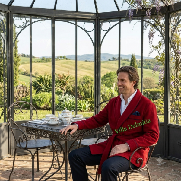 CLASSIC SMOKING JACKET FOR MAN IN 5% CASHMERE - 95% ITALIAN WOOL WITH PIPING AND HALF BEMBERG LINING