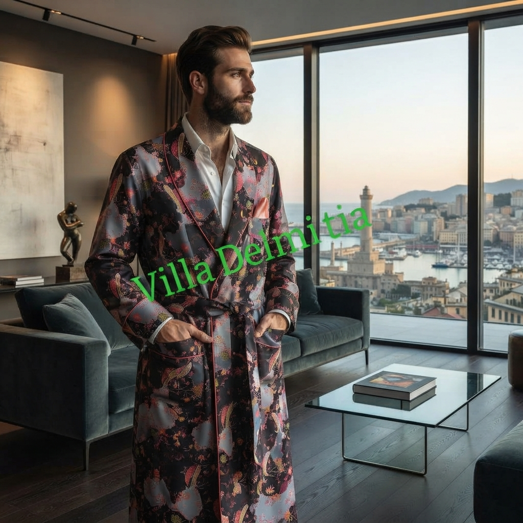 VESTAGLIA CLASSICA UOMO 100% SETA TWILL STAMPATA CON PROFILO IN RASO