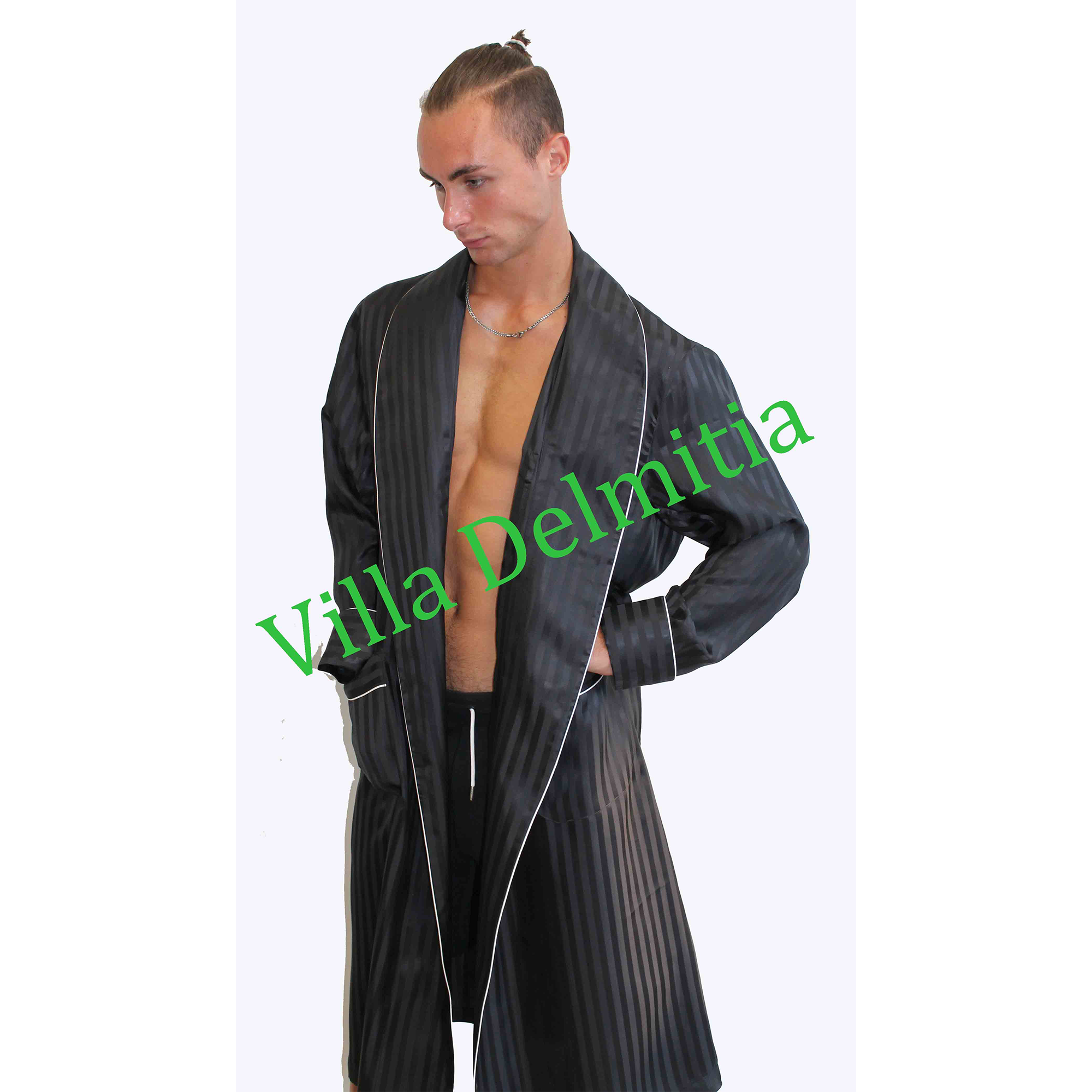 Vestaglia da Uomo in 100% Seta – Righe Raso Lucido e Opaco con Profilo