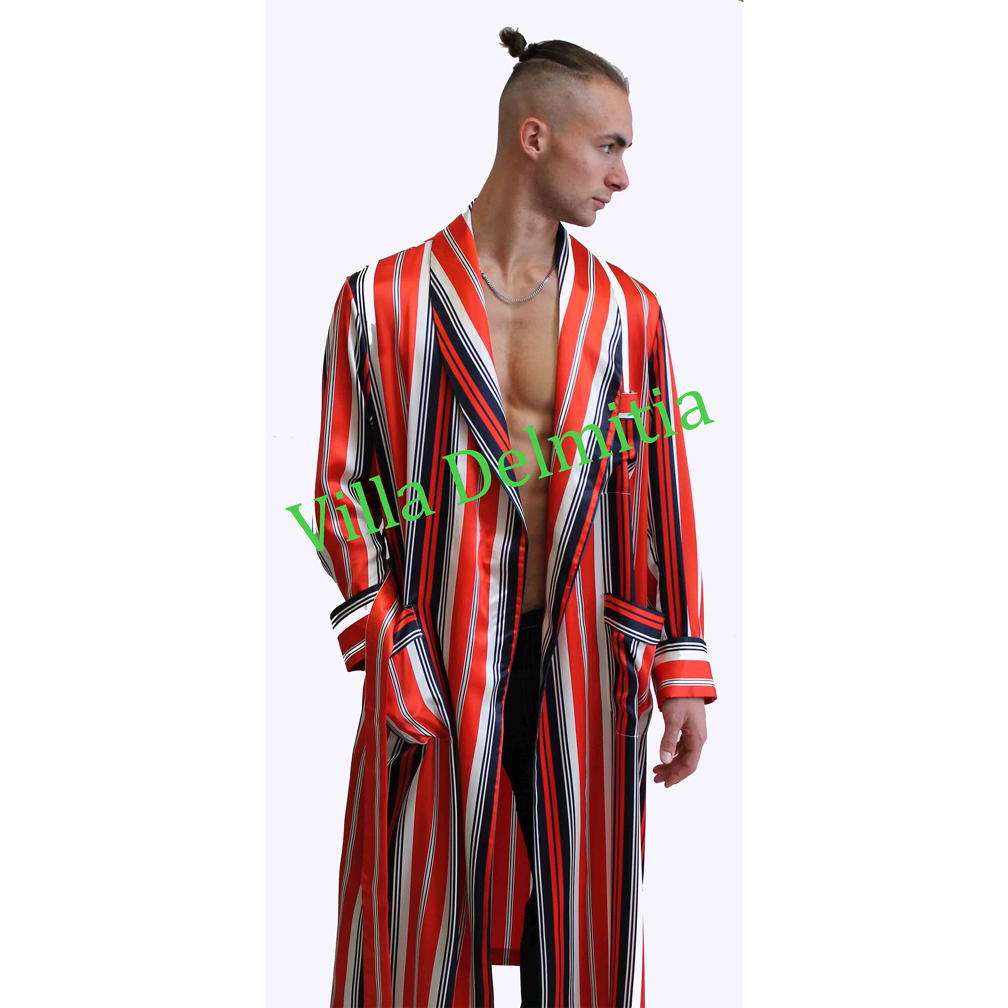 ROBE DE CHAMBRE CLASSIQUE POUR HOMME 100% SOIE SATIN IMPRIMÉE AVEC PASSEPOIL – Image 4
