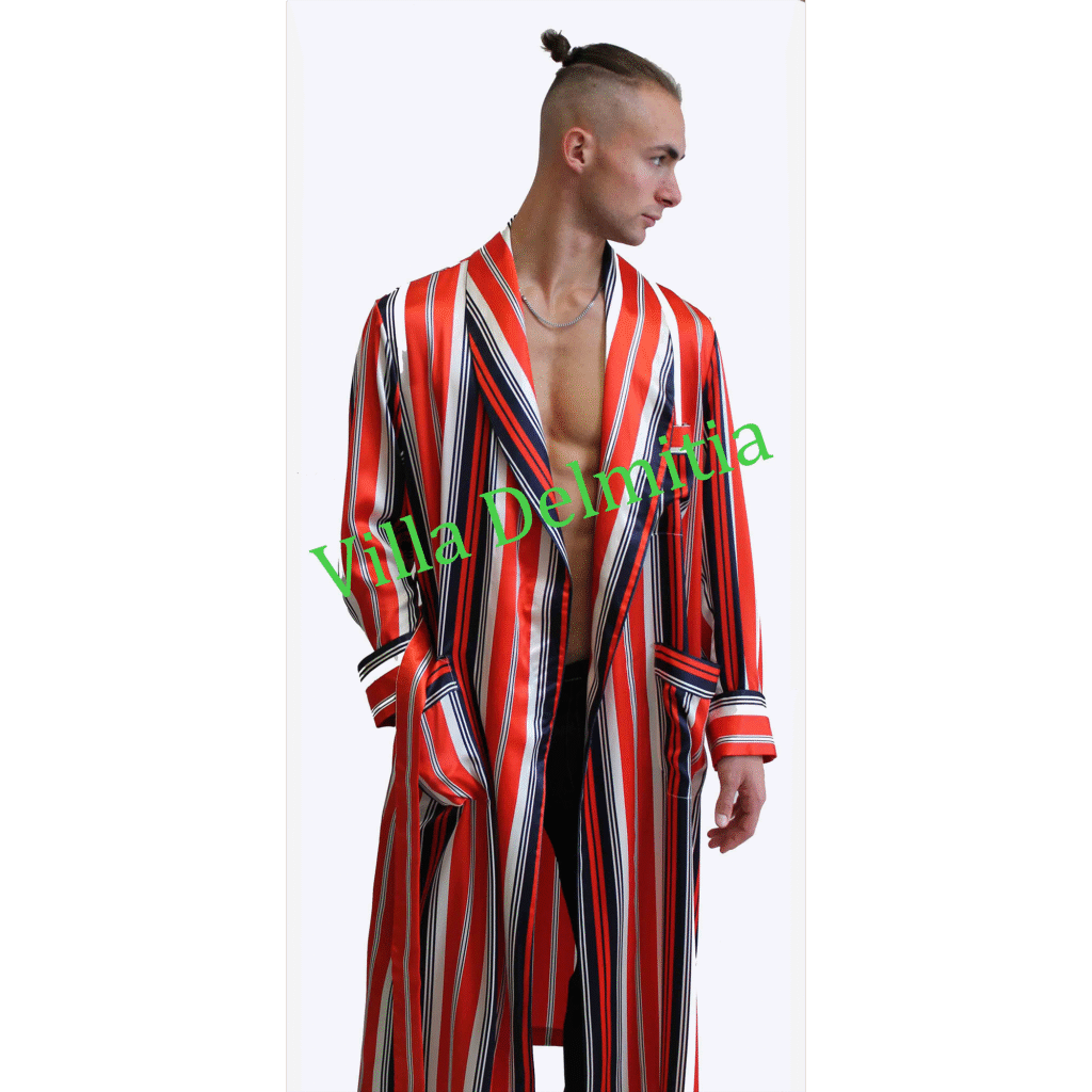 ROBE DE CHAMBRE CLASSIQUE POUR HOMME 100% SOIE SATIN IMPRIMÉE AVEC PASSEPOIL