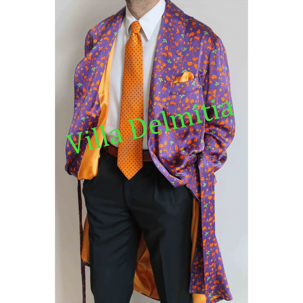 ROBE DE CHAMBRE CLASSIQUE POUR HOMME 100% SOIE SATIN IMPRIMÉE AVEC PASSEPOIL EN SATIN ET DOUBLURE ENTIÈRE EN BEMBERG