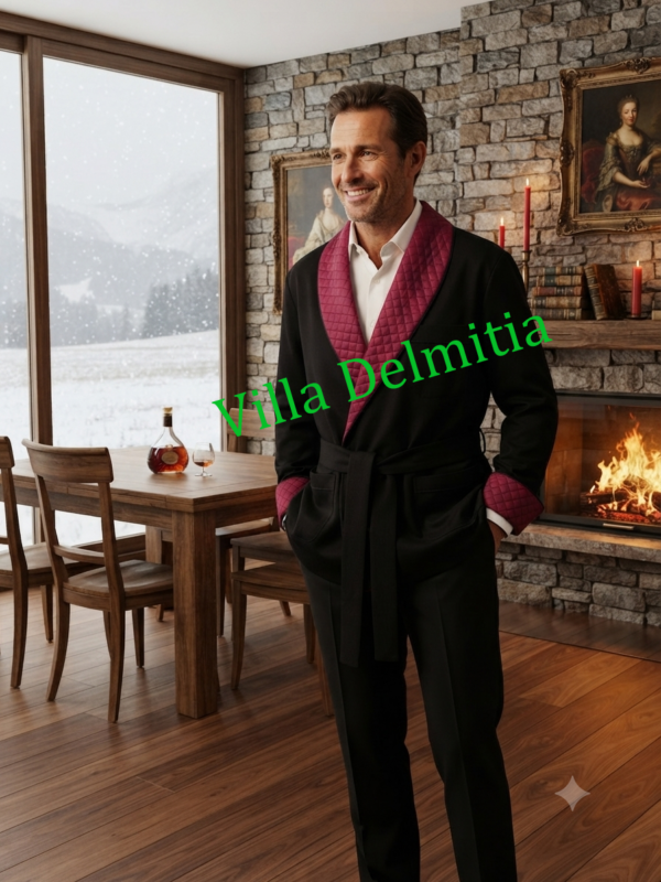 CLASSIC SMOKING JACKET FOR MAN, 60% CASHMERE-40%WOOL BLEND, WITH QUILTED SATIN SILK CONTRASTS, PIPING AND FULL BEMBERG LINING